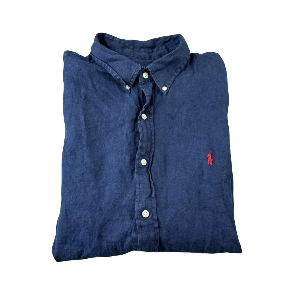 Polo Ralph Lauren Navy Red Pony Logo Pure Linen Mens S/S Button Down Size XL